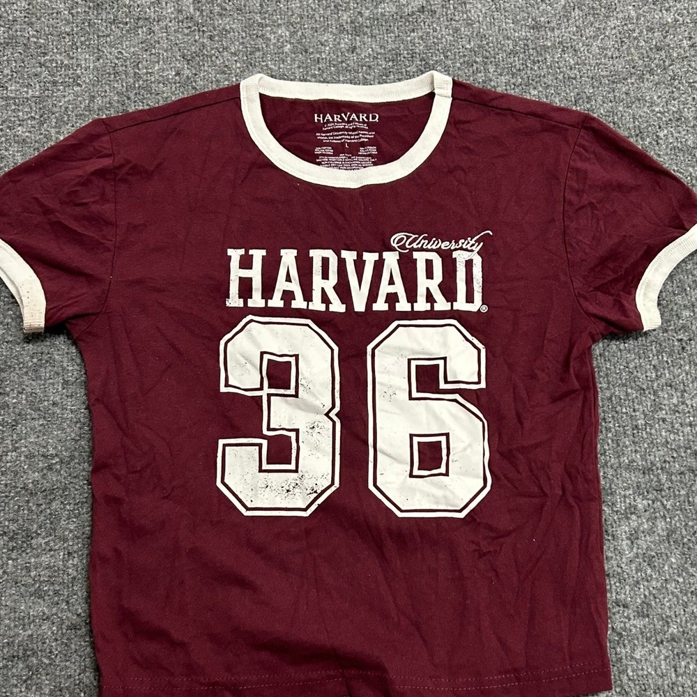 Harvard T-Shirt Womens Size L Maroon Ringer Short Sleeve Graphic Crop Top Shirt